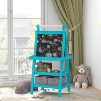 AIYAPLAY Tablă pentru Copii cu Șevalet 3 în 1, Rolă de Hârtie și 2 Containere, din Lemn, 59x48x118 cm, Albastru(m-10)