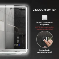 HOMCOM Oglindă de baie LED cu Bluetooth, iluminare reglabilă și funcție de memorie, din sticlă securizată, 70x50x3,5 cm(m-9)