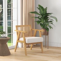 HOMCOM Fauteuil de salon confortable Chaise en Rotin avec Coussin épais- Dossier en cannage - Assise Profonde  - Structure en Bois hévéa Aspect Lin Beige(m-10)