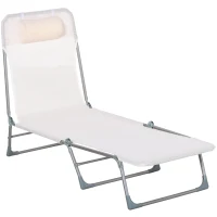 Outsunny Șezlong Pliabil cu Spătar Reglabil în 5 Poziții și Pernă, Șezlong de Grădină cu Material Textil Respirabil, pentru Plajă, Piscină, Grădină, 182x56x28 cm, Crem(m-1)