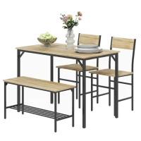 HOMCOM Square Dining Set for 4 Persons, Table, Chairs and Bench Included, Natural Wood Effect(m-11)