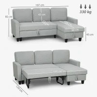 HOMCOM Canapea extensibilă cu 3 locuri, șezlong și spațiu de depozitare, material textil cu efect de in, 197x129x85 cm, gri și negru(m-3)