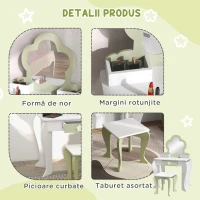 ZONEKIZ Set masă de toaletă pentru fetițe cu oglindă și scaun asortat din lemn, sertar și spații de depozitare, alb(m-6)