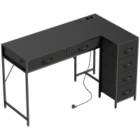 HOMCOM Birou de Colț cu 6 Sertare, cu Cârlig Lateral și Prize Integrate, din Lemn și Oțel, 126x48x80 cm, Negru