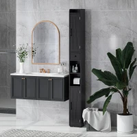 HOMCOM Coluna Casa de Banho com Compartimento Aberto Prateleiras Ajustáveis e Suporte para Papel Higiênico 20x20x185 cm Preto(m-10)