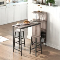 HOMCOM Ensemble table de bar avec tabourets, table à manger debout avec 2 chaises de bar étagères, casiers à vin, gris(m-11)