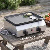 Outsunny Plită de grătar pe gaz cu 2 arzătoare, suprafață antiaderentă și putere de 4,8 kW, argintiu(m-8)