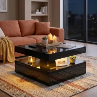 HOMCOM LED Coffee Table with Storage, 2-Tier Modern Centre Table with Open Shelf and Remote for Living Room, High Gloss Black(m-8)