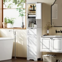 HOMCOM Mobile Colonna Bagno in Legno con 2 Armadietti con Sensore, Ripiano Aperto e Cassetto, 40x30x170 cm, Bianco(m-2)