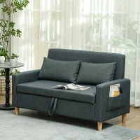 HOMCOM Divano 2 Posti con Spazio Portaoggetti e Cuscini, in Tessuto Effetto Lino e Legno, 135x72x84 cm, Grigio Scuro(m-2)