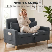 HOMCOM Divano 2 Posti con Spazio Portaoggetti e Cuscini, in Tessuto Effetto Lino e Legno, 135x72x84 cm, Grigio Scuro(m-6)