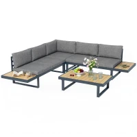 Outsunny Set de Grădină 4 Piese din Aluminiu cu 2 Canapele, Fotoliu Colțar și Măsuță de Cafea, Gri și Teak(m-11)
