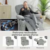 HOMCOM Poltrona Relax Elettrica Reclinabile 150° con Poggiapiedi, Seduta Ampia, Silenziosa, Velluto, Grigio(m-4)