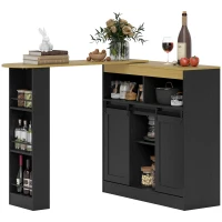 HOMCOM Ausziehbarer Bartisch, zu L-Form umwandelbar, viel Stauraum, 3 verstellbare Regale, Spanplatte, MDF, Schwarz(m-11)