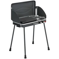 Outsunny Tragbarer Gasgrill 2 Brenner 7 kW 2-in-1 Tischgrill mit Braten klappbar Beinen Grillrost Windschutz Deckel Verschluss(m-1)