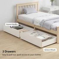 HOMCOM Pine Storage Bed, 3ft Single Solid Wooden Bed Frame with Drawers, Headboard, Wood Slat Support, Natural Wood Finish(m-6)