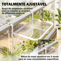 Outsunny Mesa Suspensa para Varanda com Braço e Altura Ajustável em 3 Posições Estrutura de Metal 60x56,5x45 cm Branco(m-4)