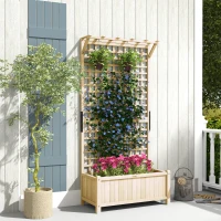Outsunny Jardinieră cu Găuri de Drenaj, Ghiveci din Lemn cu Spalier pentru Plante Cățărătoare, Flori, Natural(m-10)