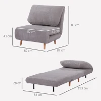 HOMCOM Fotoliu Pat Reclinabil 2 în 1 cu Șezut Extra-Large, Efect Catifea, Gri(m-3)