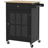 HOMCOM Căruț de Bucătărie cu Sertar, Dulap Reglabil și Suport pentru Prosoape, din Lemn, 67x48x86,5 cm, Negru și Stejar(m-1)