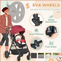 HOMCOM Foldable Baby Stoller, with Reclining Backrest, Adjustable Canopy, for Ages 0-36 Months - Red(m-8)