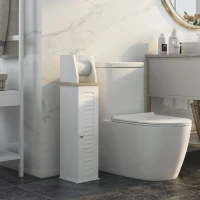 kleankin Mobile Bagno Porta Carta Igienica Salvaspazio con Armadietto e Mensola Regolabile, 18x20x80 cm, Bianco(m-2)