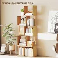 HOMCOM Bibliotecă Modernă Asimetrică cu 5 Rafturi din Bambus, 62,5 x 23 x 165 cm, Culoare Lemn Natural(m-4)