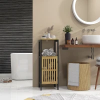 HOMCOM Mobiletto Bagno con Ripiano Aperto e Armadietto, in MDF e Bambù, 32x30x90.5 cm, Nero e color Legno(m-10)