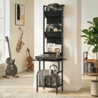 HOMCOM Vinyl Record Player Stand Record Storage with Player Stand Oxford Fabric Pockets Bottom Shelf, Black(m-2)