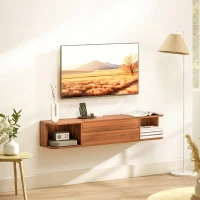 HOMCOM Mobilier TV Suspendat până la 50" cu Prize, USB și Tip C, Sertar și Rafturi, 120x24x22.4 cm, Nuc(m-9)