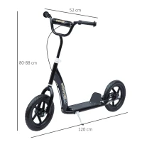 HOMCOM, trotinetă copii, pneuri 30 cm, ghidon reglabil, frână, suport lateral, oțel, pentru copii 5+ ani, negru(m-3)