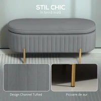 HOMCOM Bancă de Depozitare Ovală 72L cu Capac Rabatabil, din Catifea și Lemn, 108x44x43.5 cm, Gri(m-5)