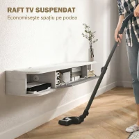 HOMCOM Dulap TV Suspendat din Lemn cu 2 Rafturi Deschise și Dulap, 120x26x16 cm, Alb și Gri(m-4)