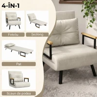 HOMCOM Fotoliu Pat 3 în 1 cu Spătar Reglabil și Pernă, din Material cu Efect de Catifea, 63x73x81 cm, Crem(m-4)