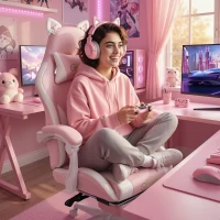 Vinsetto Scaun Gaming Ergonomic Rabatabil, cu Suport Picioare Urechi Pisică Roz(m-9)