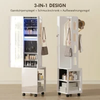 HOMCOM Dulap pentru Bijuterii cu Oglindă Rotativă 360°, Lumină LED Reglabilă, Încuietoare și Rafturi, 37x40x165,5 cm, Negru(m-4)