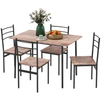 HOMCOM Set din 5 Piese cu Masă de Bucătărie Dreptunghiulară și 4 Scaune Moderne din MDF și Oțel, 110x70x75 cm , Maro(m-12)