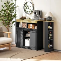 HOMCOM Ausziehbarer Bartisch, zu L-Form umwandelbar, viel Stauraum, 3 verstellbare Regale, Spanplatte, MDF, Schwarz(m-10)