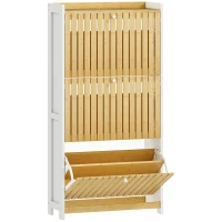 HOMCOM Meuble à chaussures 18 paires avec 3 tiroirs rabattables, portes en bambou à lattes, 60x24x118cm, blanc et bois naturel(m-1)