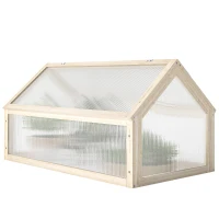 Outsunny Mini-Gewächshaus, Kompaktes Pflanzenhaus aus Holz, Polycarbonat-Platten, Belüftungsöffnung, 90L x 52B x 49,5H cm, Natur(m-11)
