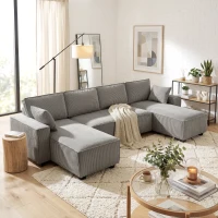 HOMCOM Ecksofa mit Doppel-Chaiselongues, U-förmiges Sofa aus Cordstoff mit breitem und tiefem Sitz, Federkernkissen, Hellgrau(m-10)