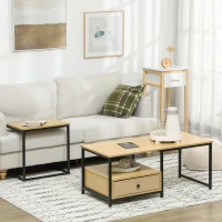 HOMCOM Set de 2 piese cu măsuță de cafea și măsuță laterală în formă de C din oțel și PAL, culoare lemn(m-10)