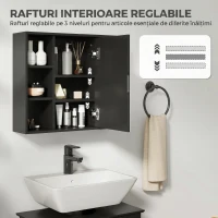 HOMCOM Dulap cu Oglindă pentru Baie, 3 Rafturi Laterale, Raft Reglabil, MDF și PAL, 60x14,5x49,4 cm, Negru și Lemn Natur(m-6)