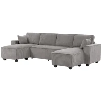 HOMCOM Ecksofa mit Doppel-Chaiselongues, U-förmiges Sofa aus Cordstoff mit breitem und tiefem Sitz, Federkernkissen, Hellgrau(m-11)