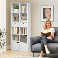 HOMCOM 6-Tier Bookcase, Tall Narrow Bookshelf with Drawer and Door - White(m-7)