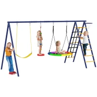 AIYAPLAY Set de joacă pentru copii 3-8 ani cu 3 leagăne, scară de frânghie și coș de baschet, din oțel, PE și PP, 3.5x1.8x2 m(m-11)