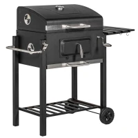 Outsunny Charcoal Grill BBQ Trolley with Adjustable Charcoal Grate, Garden Metal Smoker Barbecue with Shelf, Side Table, Wheels, Built-in Thermometer, Bottle Opener(m-10)