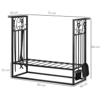 HOMCOM Portalegna Rialzato per Camino in Acciaio Antiruggine, Porta Legna da Interni ed Esterni, 4 Attrezzi Inclusi, 75x30x60cm(m-3)