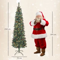 HOMCOM Árbol de Navidad Estrecho 210 cm con Luces LED 8 Modos de Iluminación Ramas con Purpurina Plateada Piñas Bayas Verde(m-3)