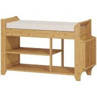 HOMCOM Banco Zapatero con Asiento Acolchado Almacenamiento Lateral Estante para Botas Marco de Bambú 80x30x50 cm Natural(m-1)